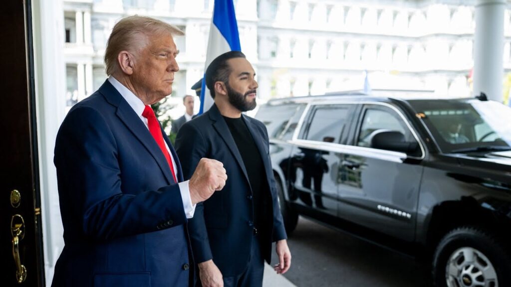 President Donald Trump with Salvadoran President Nayib Bukele outside the West Wing of the White House.