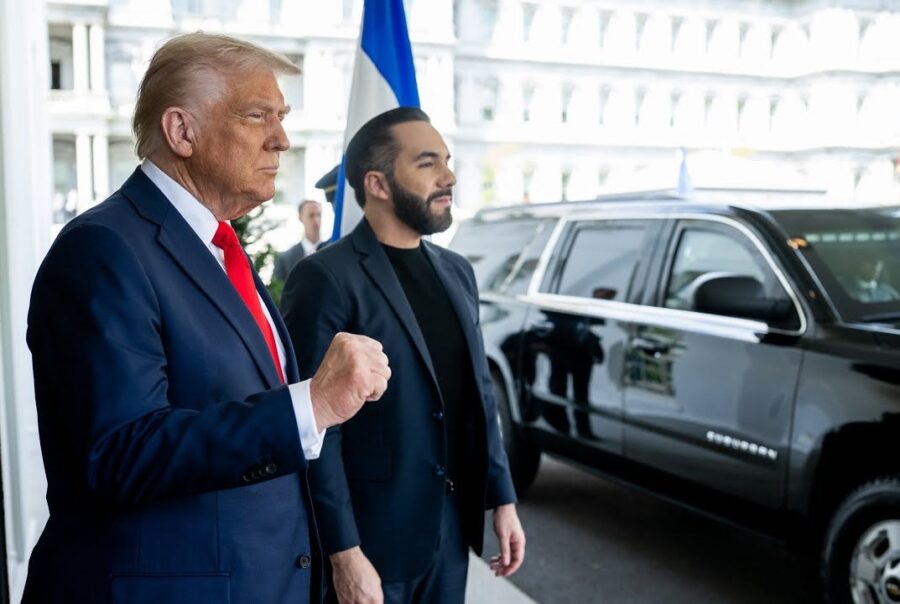 President Donald Trump with Salvadoran President Nayib Bukele outside the West Wing of the White House.